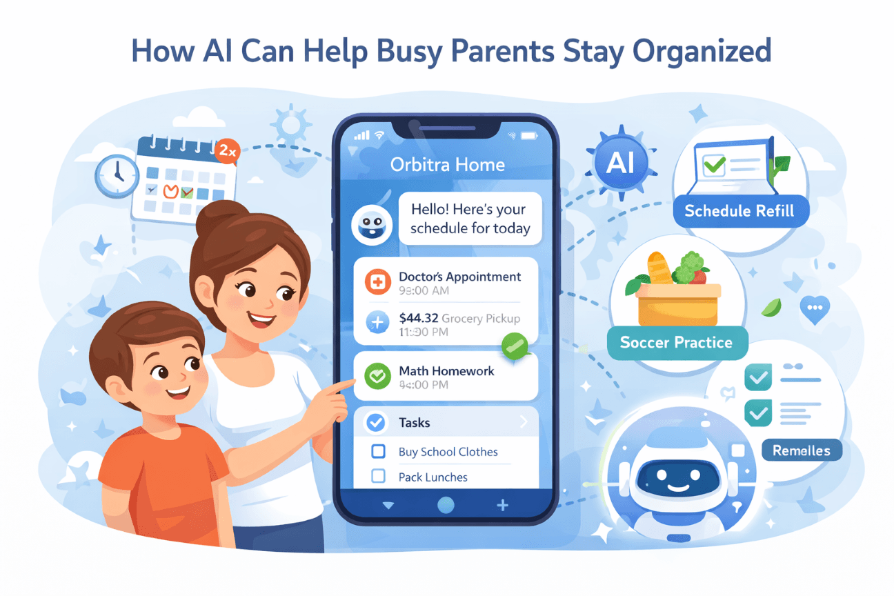 Busy parent checking AI family assistant on phone while managing morning routine