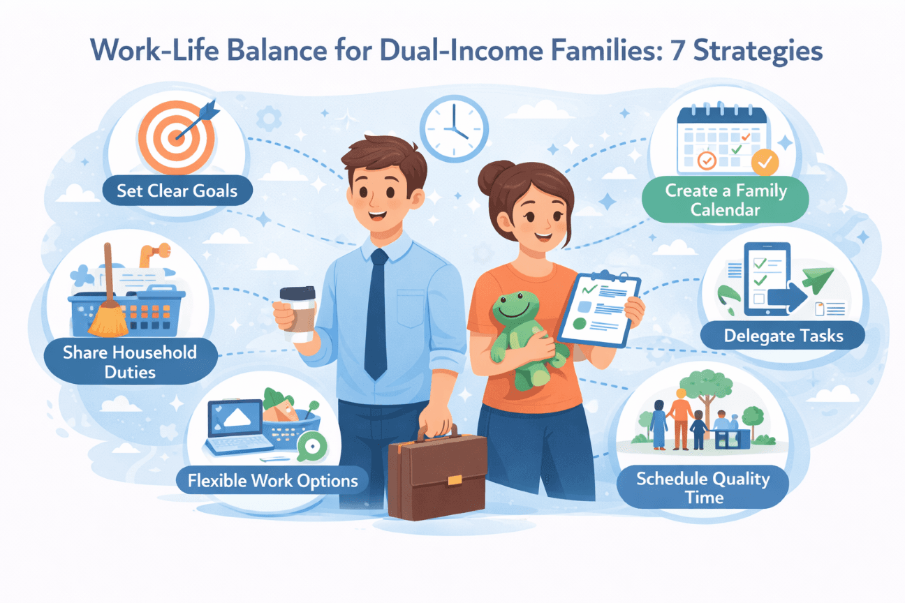 Two parents planning their family schedule together at the kitchen table with children nearby