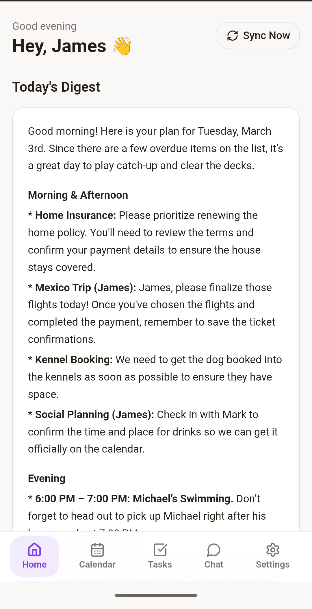 Orbitra Home daily digest screen